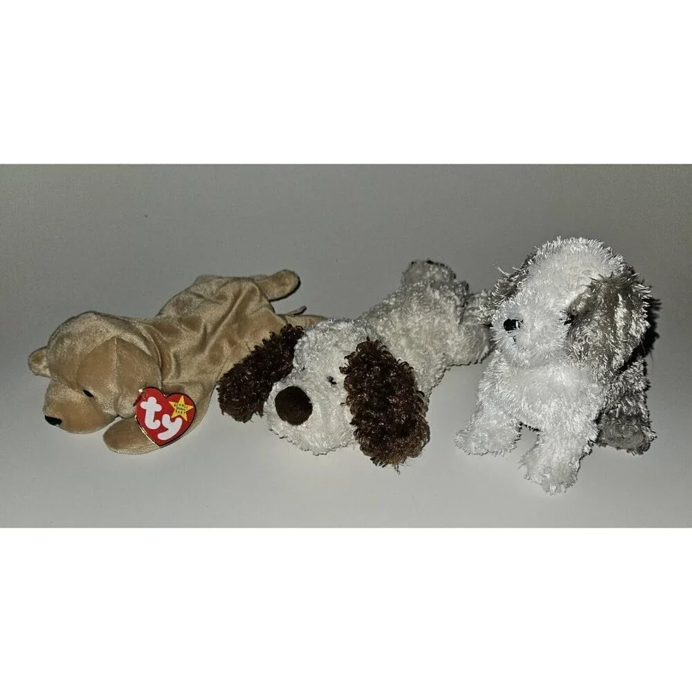 TY Beanie Babies Puppy Dog Plush Lot Brown Tan Fetch Spuds Herder Sheepdog Gray